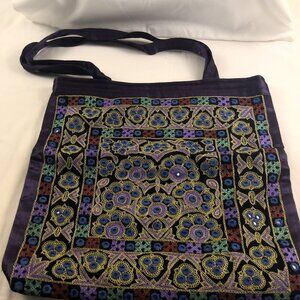 Small Purple, gold,  and multi, Embroidered Mirrored Tote Bag